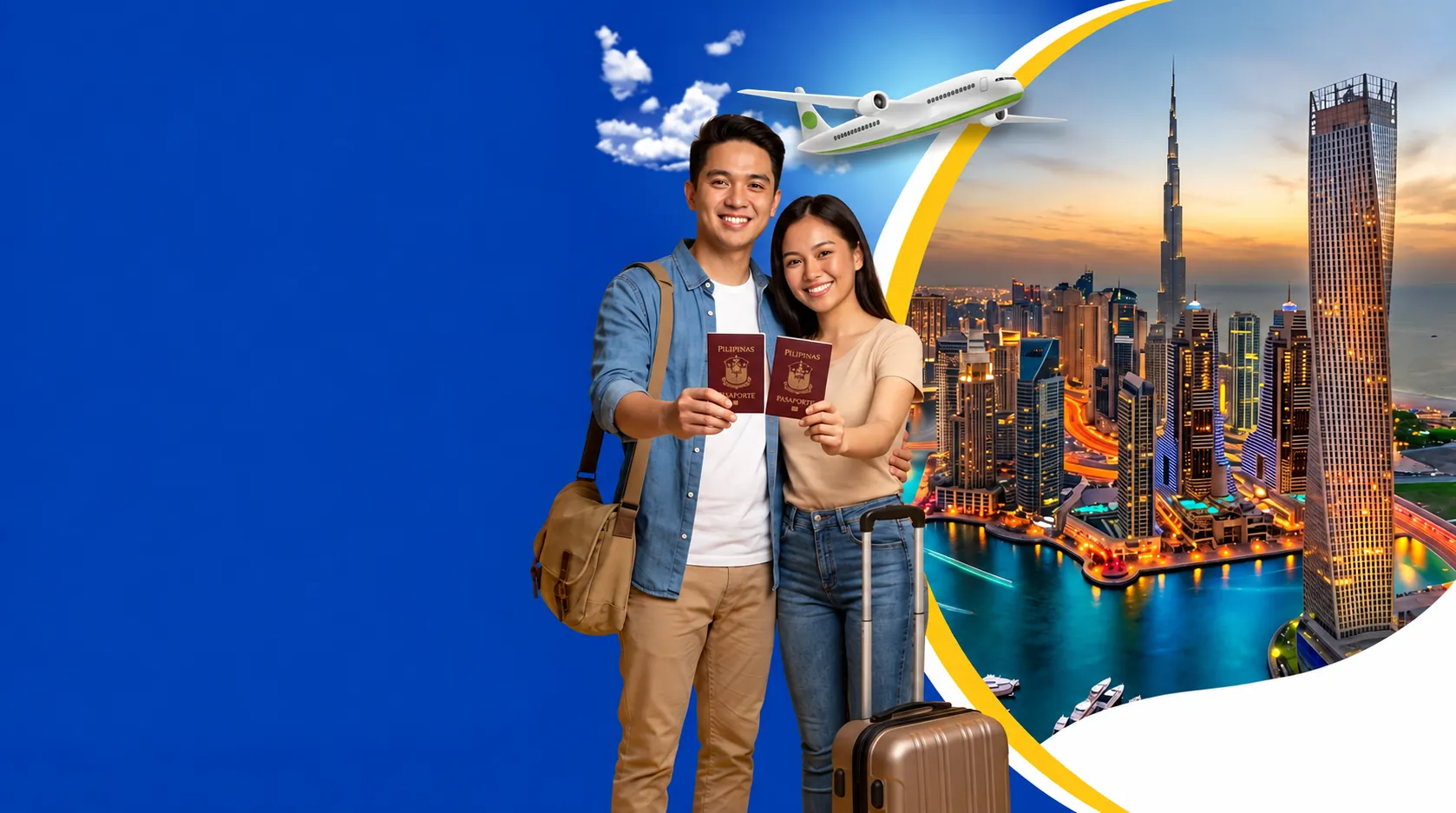 Filipino couple holding Philippine passports in front of the Dubai skyline